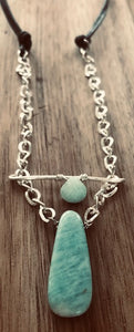 Amazonite Gemstone and Silver Chain on Leather Necklace