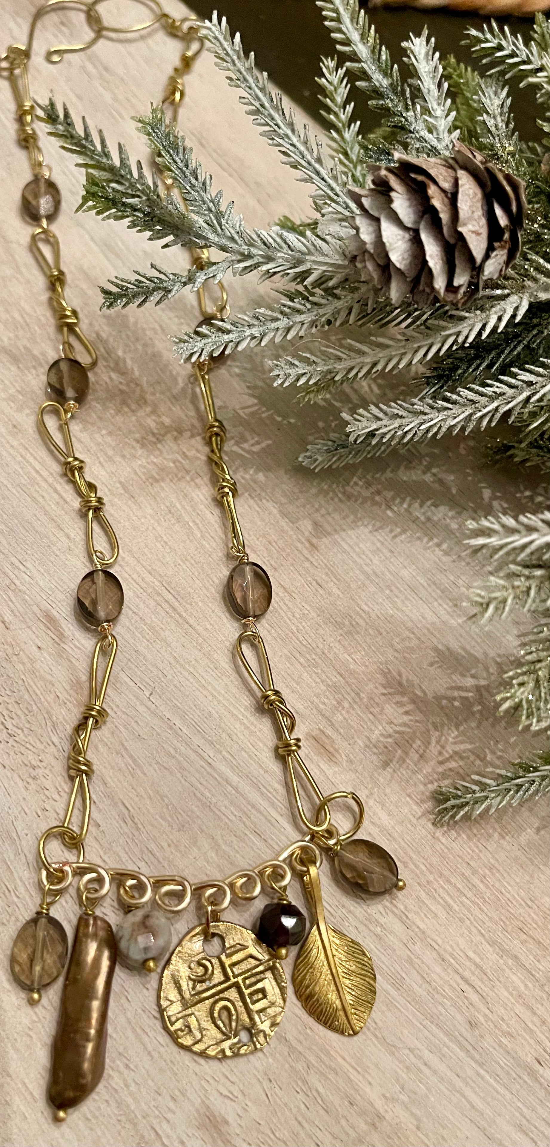 Smokey quartz and Brass necklace  N-01