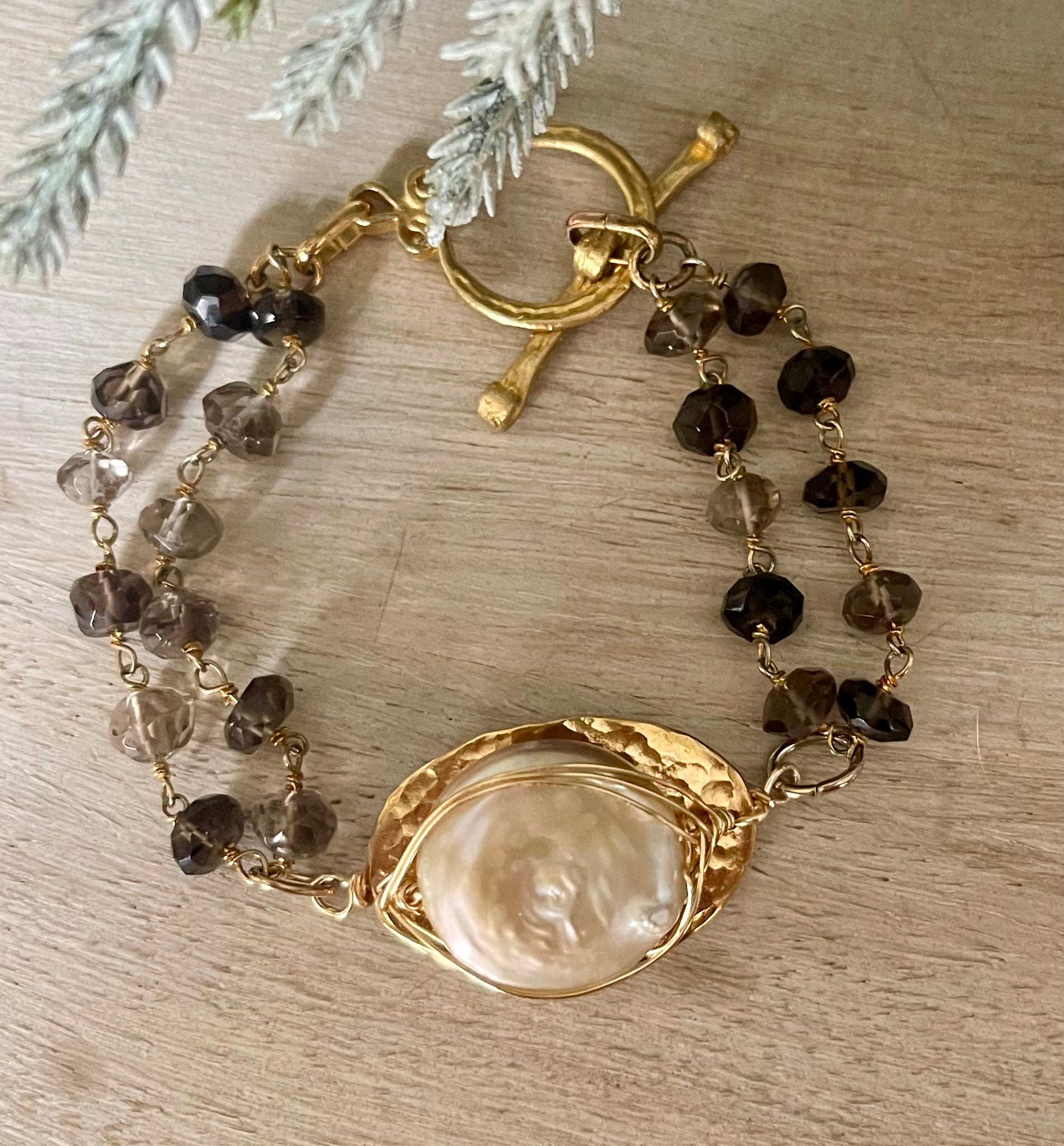 Smokey Quartz and coin freshwater pearl bracelet B-06