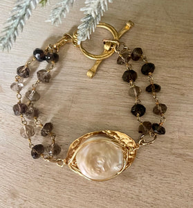 Smokey Quartz and coin freshwater pearl bracelet B-06