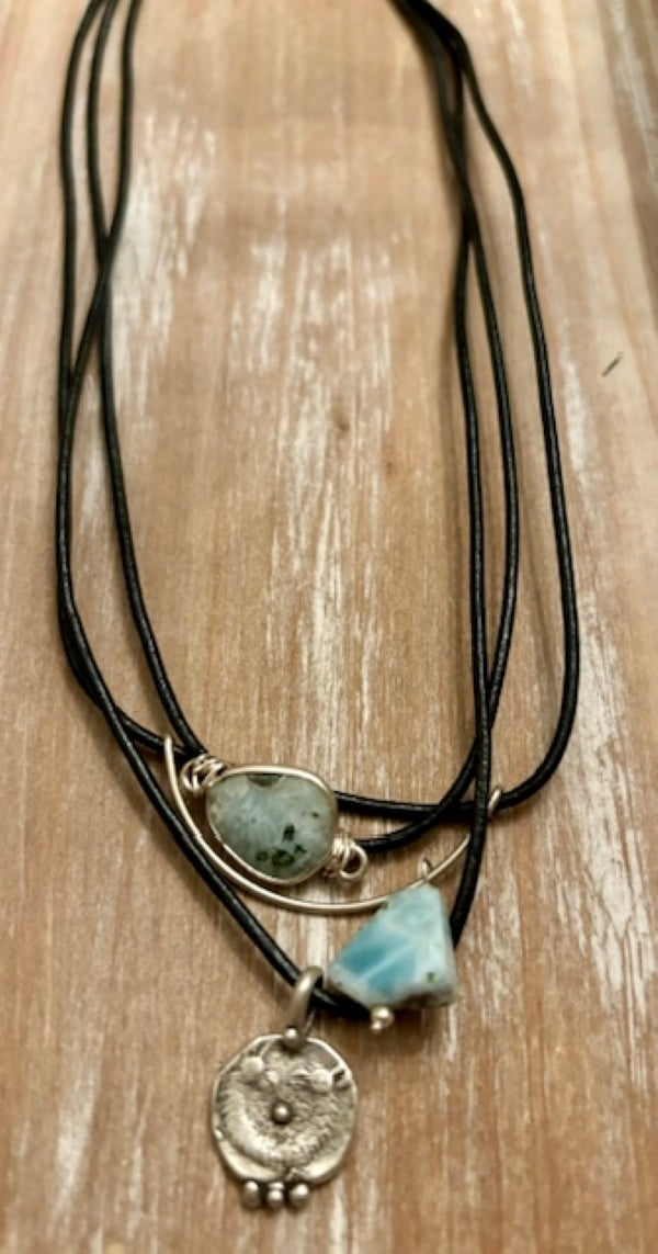 Larimer Gemstone Triple Strand Leather Necklace        JBKL022