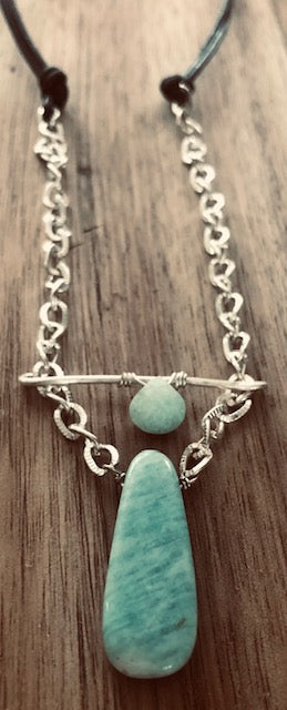 Amazonite Gemstone and Silver Chain on Leather Necklace